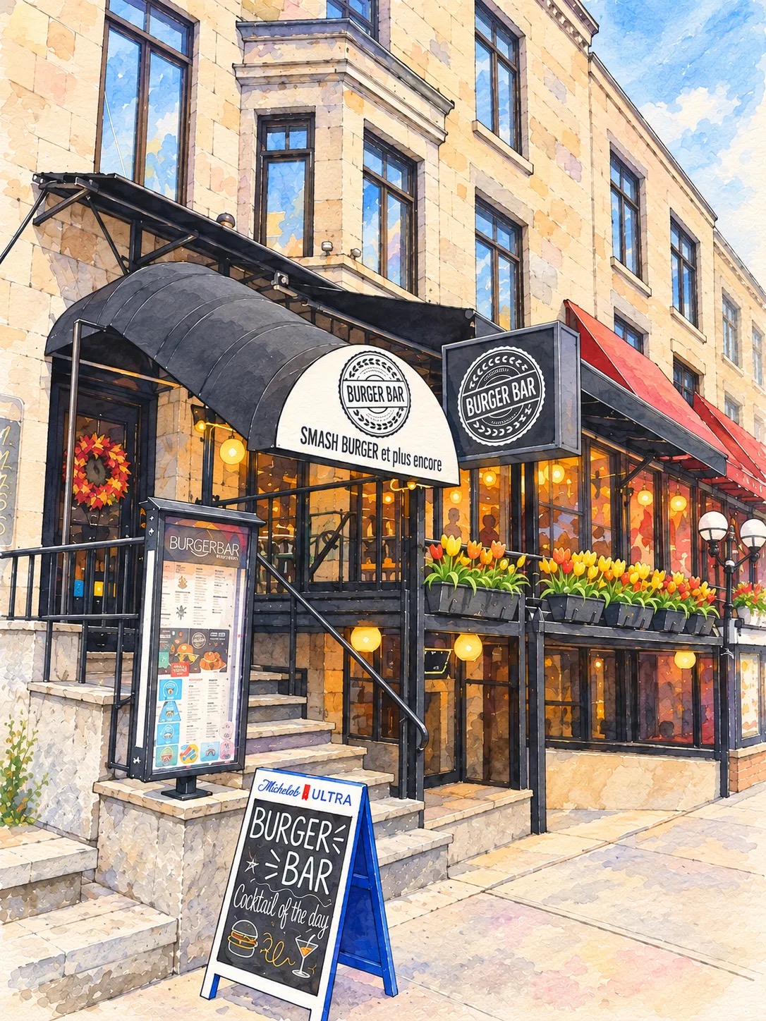 A painting of the Burger Bar storefront on Crescent Street